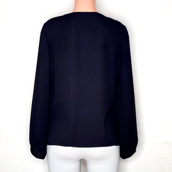 Bold Elements Cut to Curve Black Chiffon Blouse Semi Sheer Pleated - Picture 4 of 6